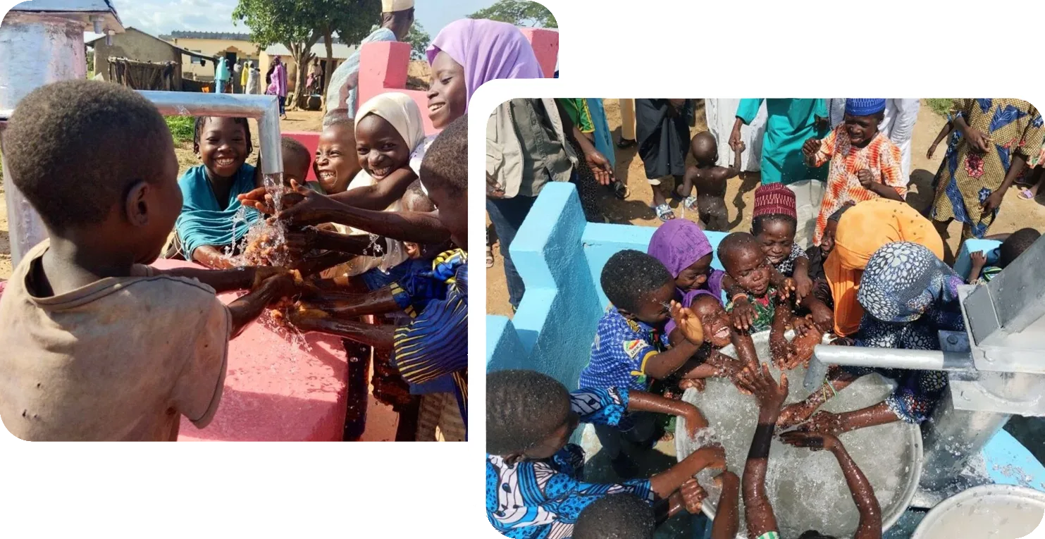 African children celebrating clean water access from a new community well.