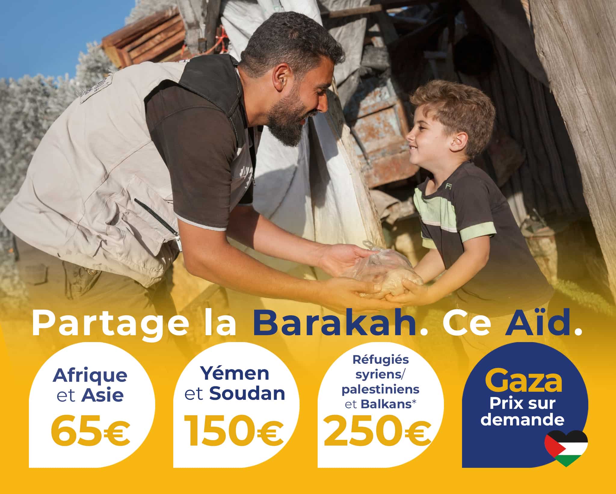 Un travailleur humanitaire donnant à manger à un garçon. En dessous, les options de prix pour les dons Kurban dans diverses régions (Afrique, Yémen, réfugiés palestiniens), avec une section "Gaza - Prix sur demande".