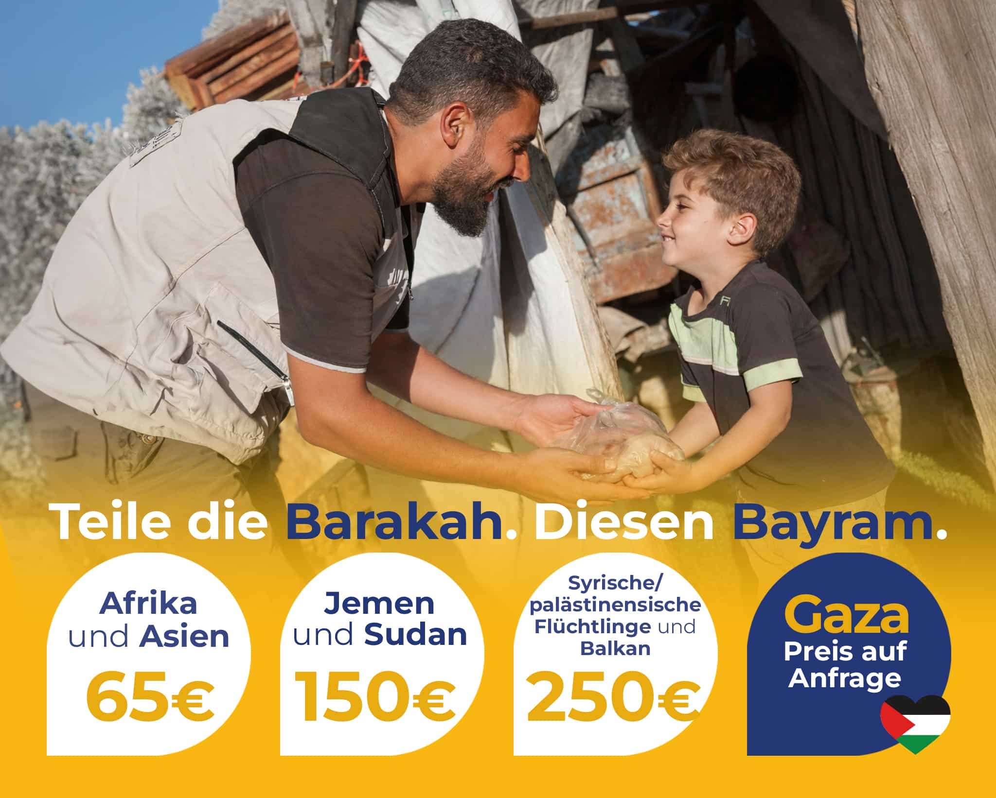 Eine Infografik mit einem Helfer, der einem Jungen Essen gibt. Darunter Preisoptionen für Kurban Spenden in verschiedenen Regionen (Afrika, Jemen, palästinensische Flüchtlinge), mit einem Abschnitt "Gaza - Preis auf Anfrage".