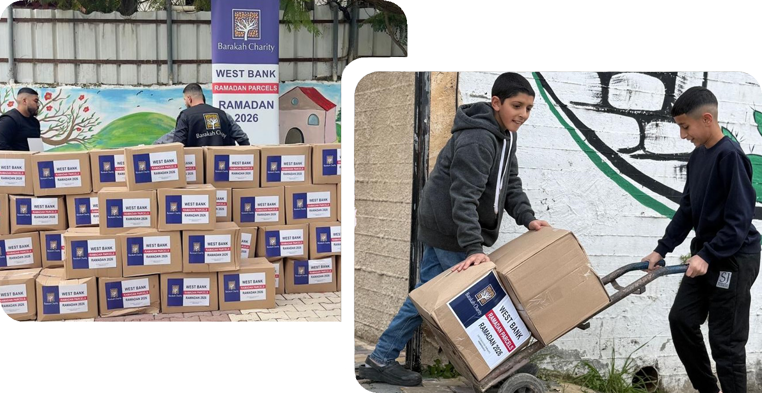 Volontari e bambini distribuiscono pacchi alimentari Barakah Charity per il Ramadan 2026 in Cisgiordania.