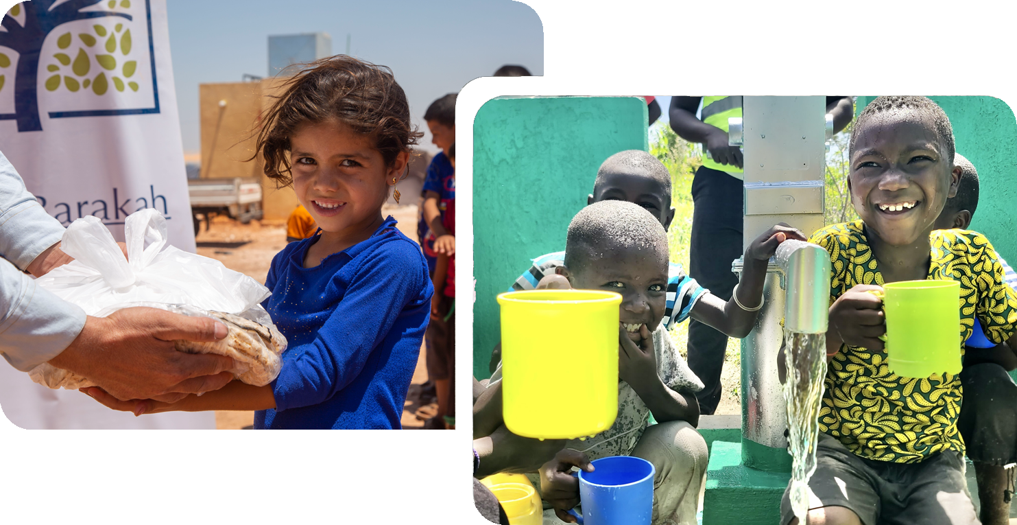 Ein Mädchen, das ein Lebensmittelpaket von Barakah Charity erhält, und glückliche Kinder bei der Einweihung eines neuen Wasserbrunnens.