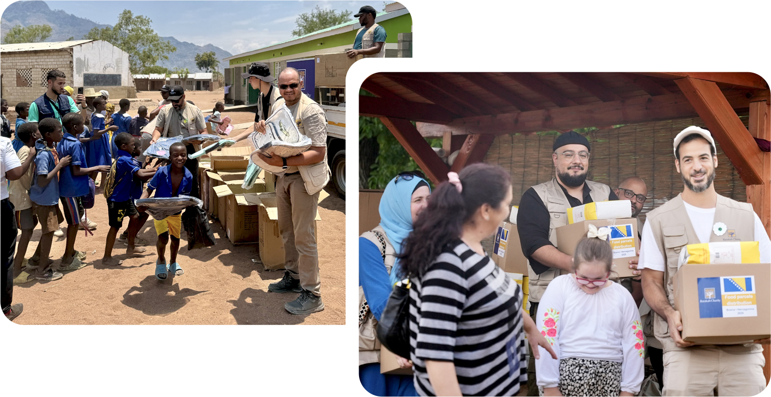 Das Team von Barakah Charity verteilt Schultaschen an Kinder und Lebensmittelpakete an bedürftige Familien.