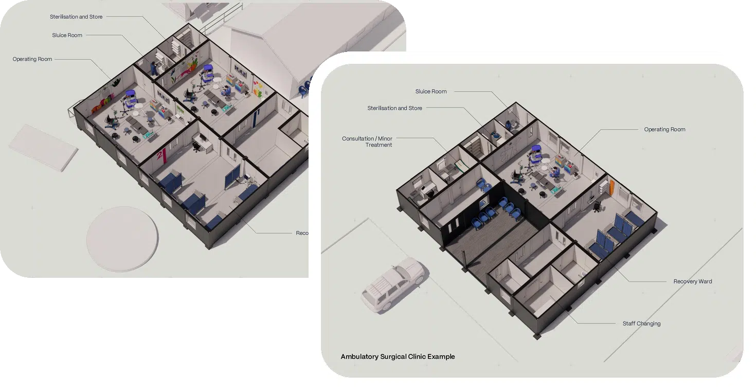 Zwei 3D-Ansichten eines modularen OP-Trakts mit Operationssälen, Aufwachbereich und Sterilisation